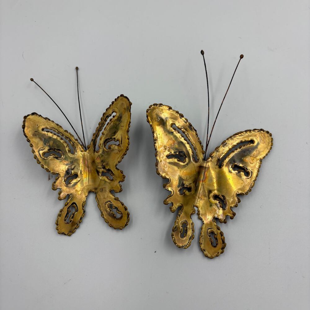 Set 2 Vintage Brass MCM Butterflies Wall Decor Cottage Butterfly